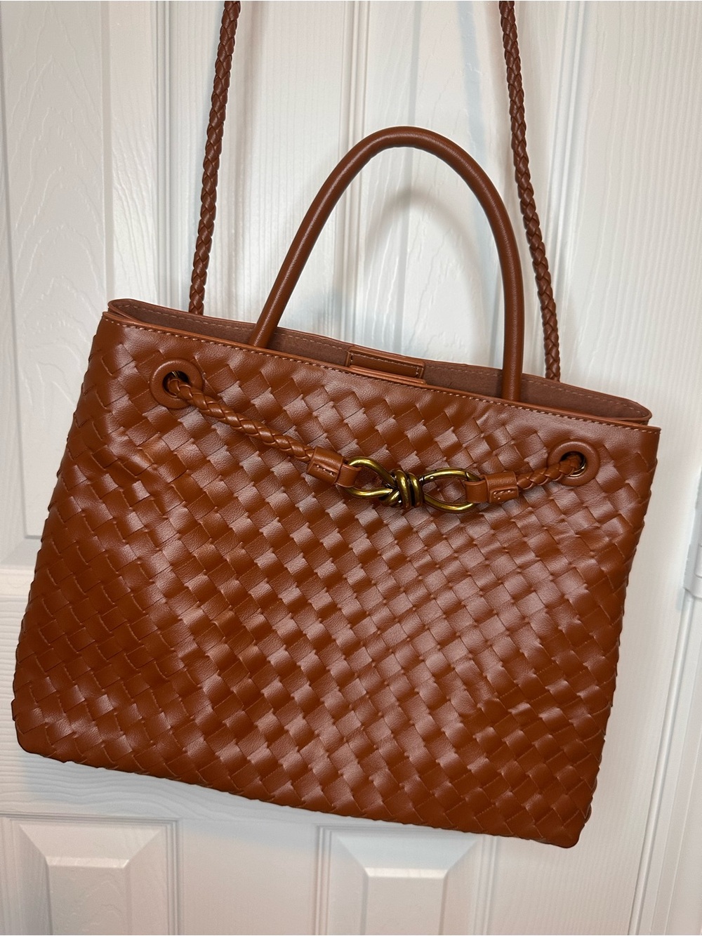 Woven Leather Tote Bag in Brown - Picture 3 of 6